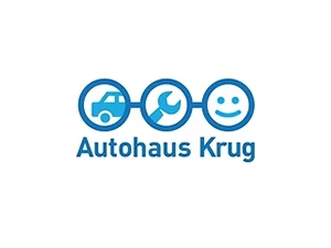 Alt-Tag: Autohaus Krug Logo mit Auto, Schraubenschlüssel und lächelndem Gesicht in blauer Farbe