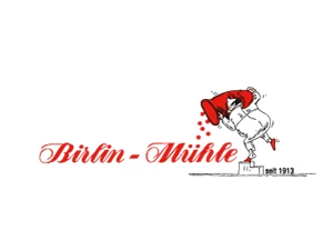 Logo der irlin-Mühle GmbH aus Rheinfelden mit Bäckerfigur mit rotem Hut und Schriftzug 'Birlin-Mühle', Bäckerfigur streut Mehl, seit 1913.
