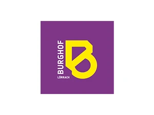 Logo des Burghof Lörrach: Gelbes B auf lila Hintergrund, daneben vertikal Burghof Lörrach.