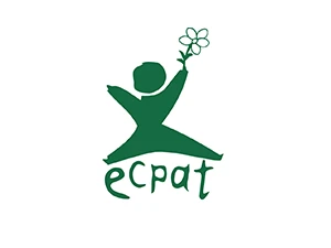 Logo von ECPAT: Grüne Figur mit einer Blume in der Hand und dem Schriftzug ecpat darunter.