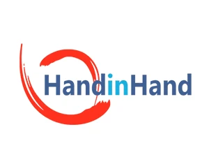 Logo mit Schriftzug Hand in Hand und rotem Pinselstrich, der die Worte umrahmt.
