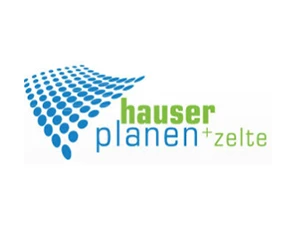 Logo von Hauser Planen+Zelte mit blauen Punkten und grün-blauer Schrift auf weißem Hintergrund.