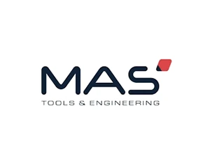 Unternehmenslogo von MAS Tools & Engineering mit stilisiertem Design in Schwarz und einem roten Akzent.