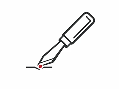 Füllfederhalter-Icon mit rotem Punkt, der das Schreiben symbolisiert. Minimalistisches Design auf weißem Hintergrund. Ideal für kreative Schreib- oder Markenlogos.
