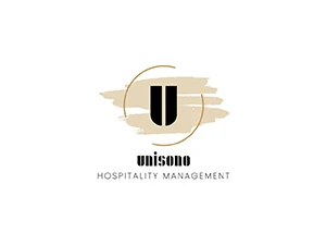 Logo von Unisono Hospitality Management mit stilisiertem 'U' und modernem Design.