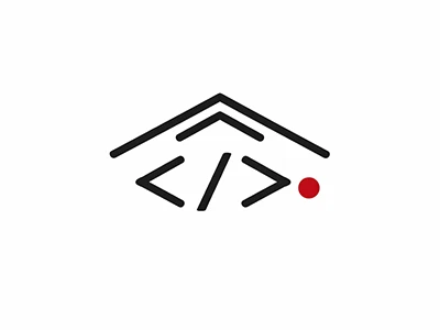 Logo mit HTML-Code-Symbol, schwarzem Pfeil und roter Punkt auf weißem Hintergrund.