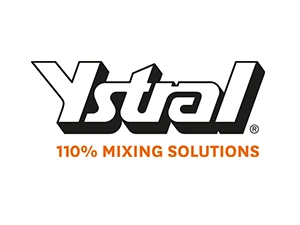 Ystral Logo mit Slogan 110% Mixing Solutions in schwarzer und orangefarbener Schrift.