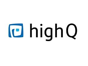 Logo von highQ mit stilisiertem, blauem Symbol links neben schwarzem Schriftzug auf weißem Hintergrund.