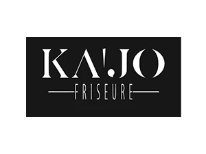 Logo von KAJO Friseure, stilvoll gestaltet mit schwarzem Hintergrund und weißen Buchstaben.