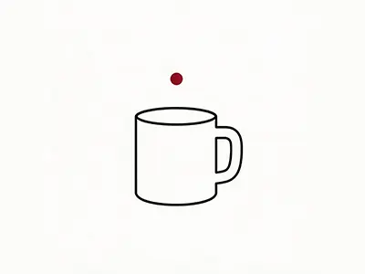 Strichzeichnung einer Kaffeetasse mit rotem Punkt darüber auf weißem Hintergrund. Minimalistisches Design, symbolisiert Kaffee und Zielstrebigkeit.