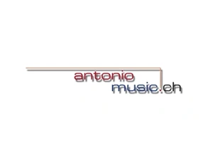 Logo von Antonio Music.ch aus Zürich mit stilisierten Buchstaben in Rot und Blau auf weißem Hintergrund.