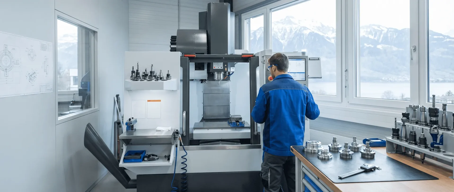 Techniker arbeitet an CNC-Maschine in Werkstatt mit Werkzeugen und Bergen im Hintergrund.