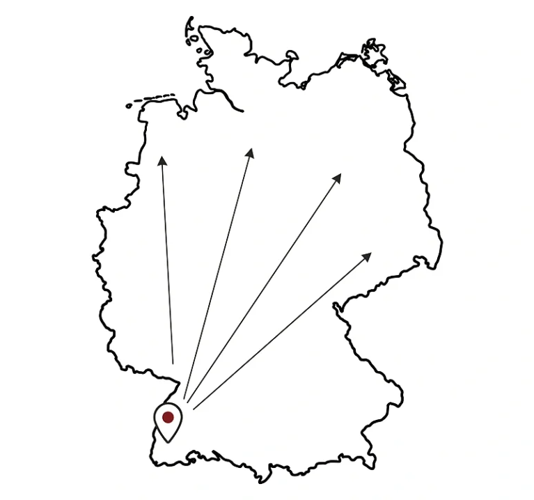 Karte von Deutschland mit Pfeilen von Freiburg aus. Mit dem Zweck der Visualisierung, dass wir für Dienstleister in Freiburg arbeiten, die deutschlandweit tätig sind.