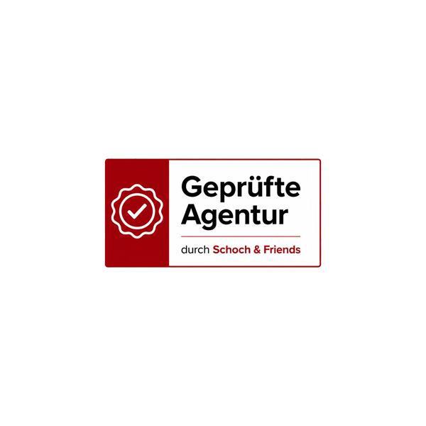 Gütesiegel-Logo mit Text Geprüfte Agentur durch Schoch & Friends in rotem und weißem Design mit Häkchen-Symbol.