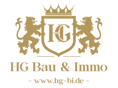Logo von HG Bau & Immo mit zwei Löwen und einer Krone, präsentiert in goldener Farbe auf schwarzem Hintergrund.