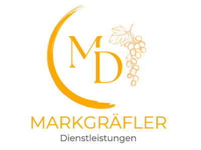 Logo der Markgräfler Dienstleistungen, stilisiert in Orange, mit Text, der auf verschiedene angebotene Services hinweist.