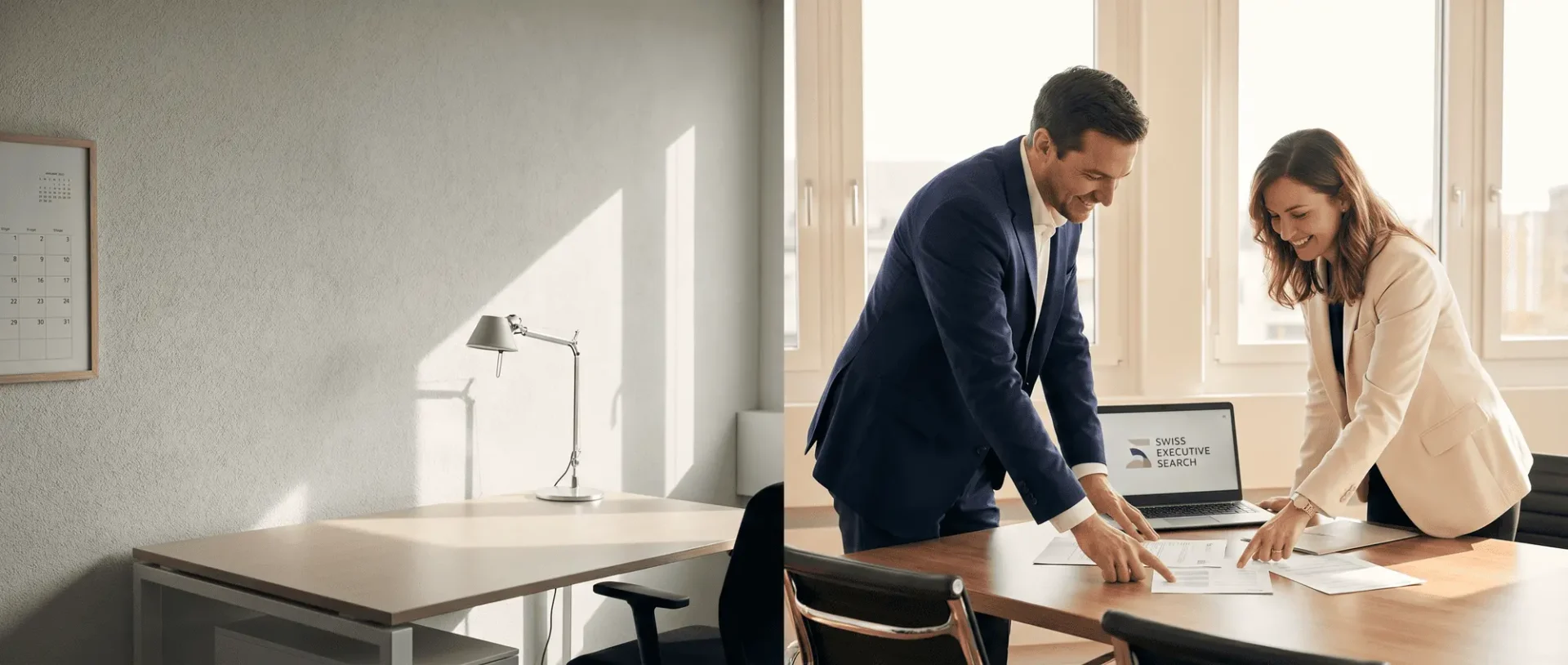 Geschäftstreffen im Büro: Zwei Personen im Anzug besprechen Dokumente am Tisch, Laptop im Hintergrund mit Swiss Executive Search.
