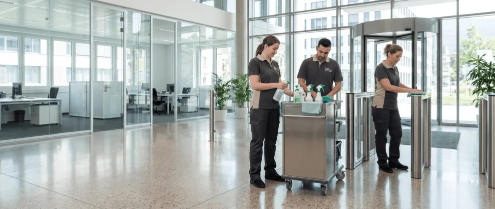 Reinigungsteam säubert modernen Empfangsbereich mit Glas und Pflanzen im Hintergrund.