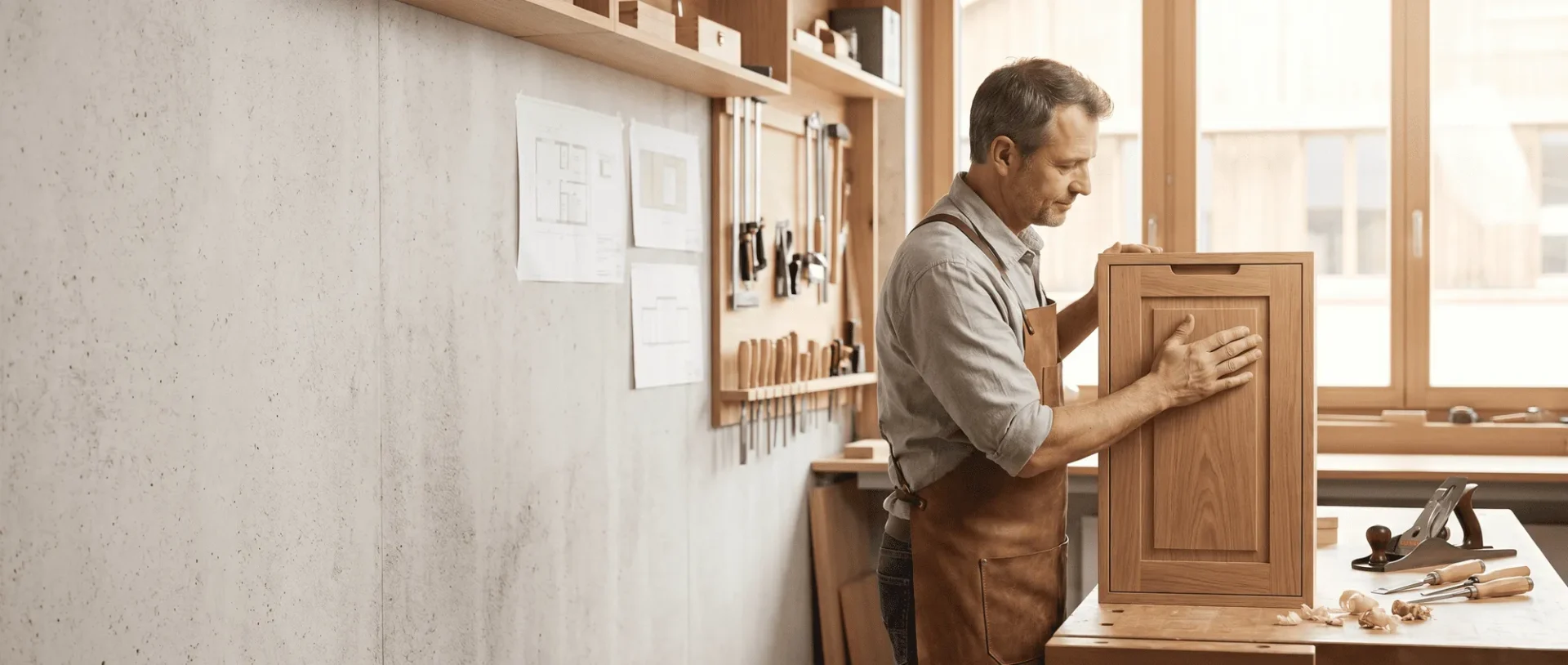 Älterer Schreiner bei der Arbeit in seiner Werkstatt, inspiziert ein Holzpaneel, umgeben von Werkzeugen und Plänen.