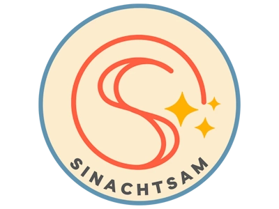 Sinachtsam Logo: Stilisiertes rotes S mit zwei funkelnden Sternen auf beigem Hintergrund.