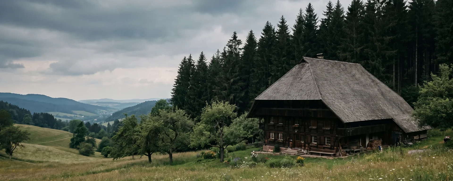 Traditionelles Schwarzwaldhaus umgeben von Wald und Hügeln unter bewölktem Himmel, idyllische Landschaft im Schwarzwald.
