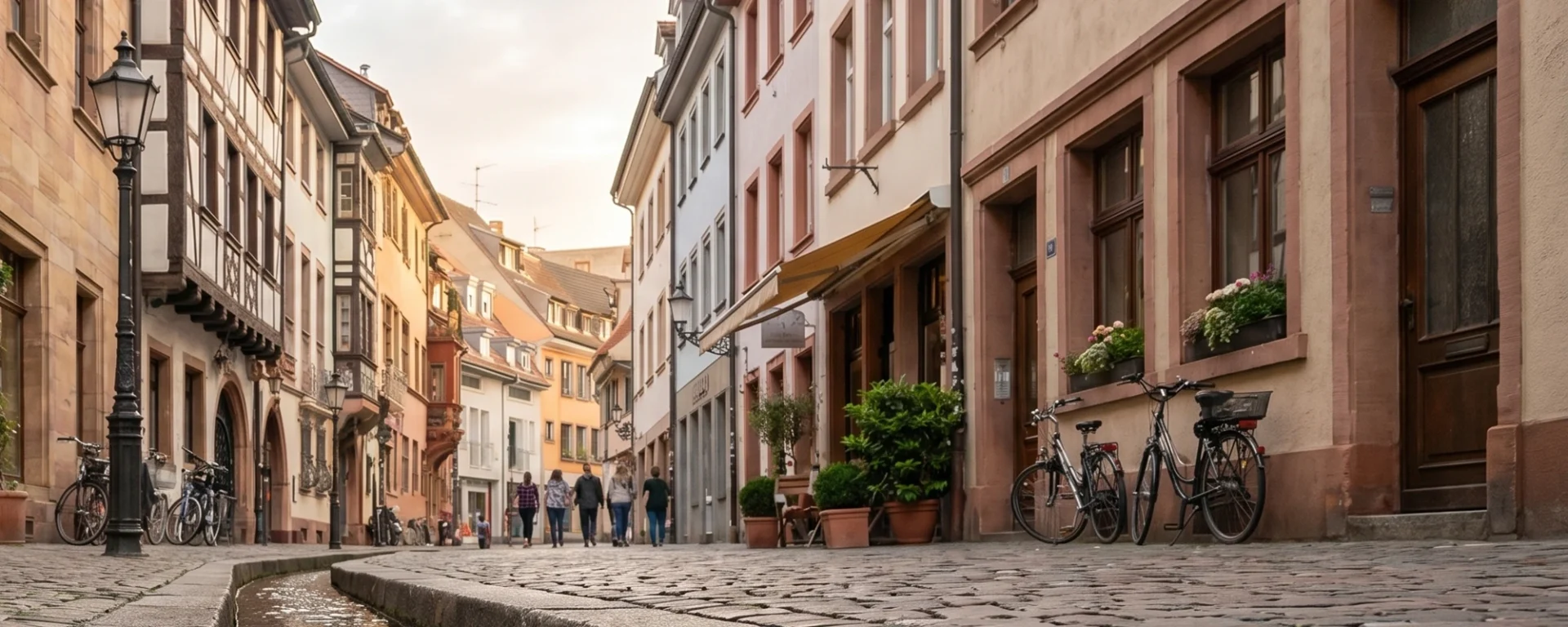 Malerische Altstadtgasse in Freiburg mit historischen Fachwerkhäusern, Laternen und Fahrrädern in entspannter Atmosphäre bei Sonnenuntergang. Als Visualisierung für SEO aus Freiburg.