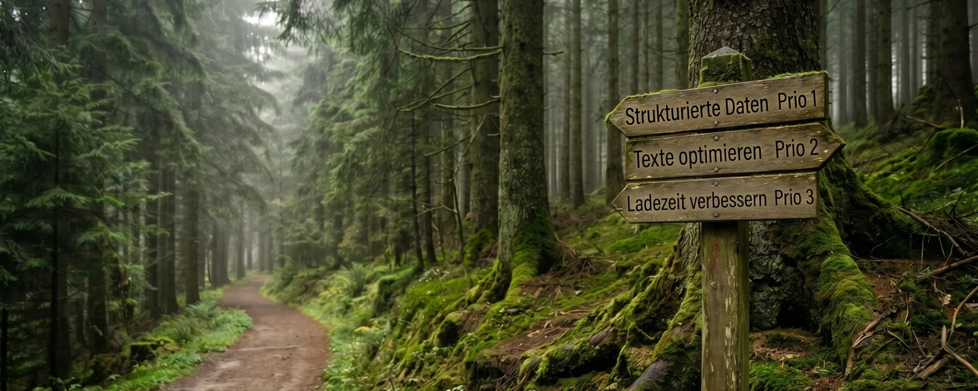 Wegweiser im Wald mit SEO-Strategien: Strukturierte Daten, Texte optimieren, Ladezeit verbessern.