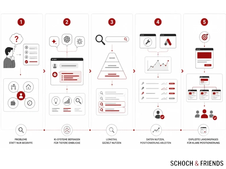 Prozessdiagramm zur Erstellung effektiver SEO-Strategien mit KI-Insights, Longtail-Nutzung und klarer Positionierung durch spezialisierte Landingpages.