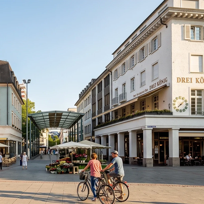 Marktplatz Lörrach mit historischen Gebäuden und Menschen, die spazieren und in Straßencafés sitzen, sonniger Tag.