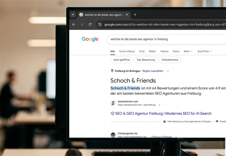 Google-Suche nach der besten SEO-Agentur in Freiburg zeigt Top-Ergebnis für Schoch & Friends.