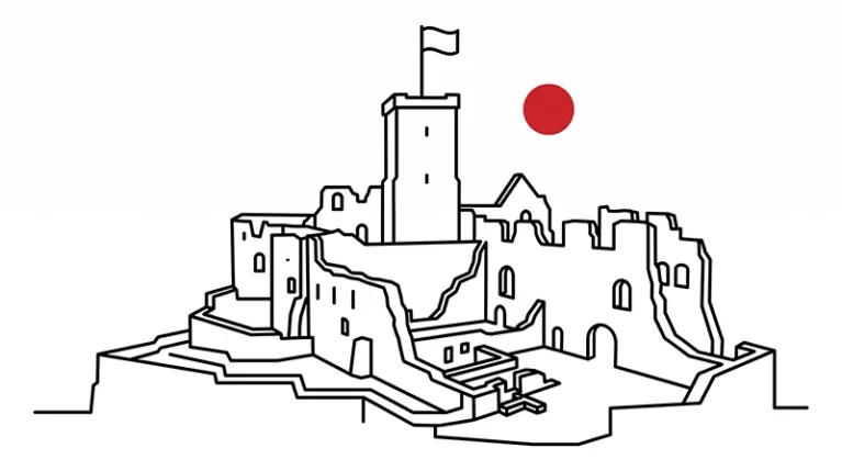 Minimalistische Silhouette der Burg Lörrach mit rotem Punkt