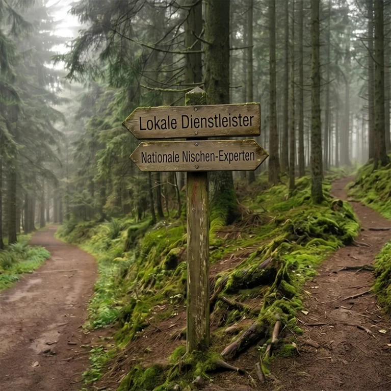 Holzwegweiser im Wald zeigt Richtung zu lokalen Dienstleistern und nationalen Nischen-Experten.