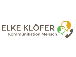 Logo von Elke Klöfer mit dem Text Kommunikation Mensch und stilisierten Sprechblasen und Telefonhörer in den Farben Braun, Grün und Orange.