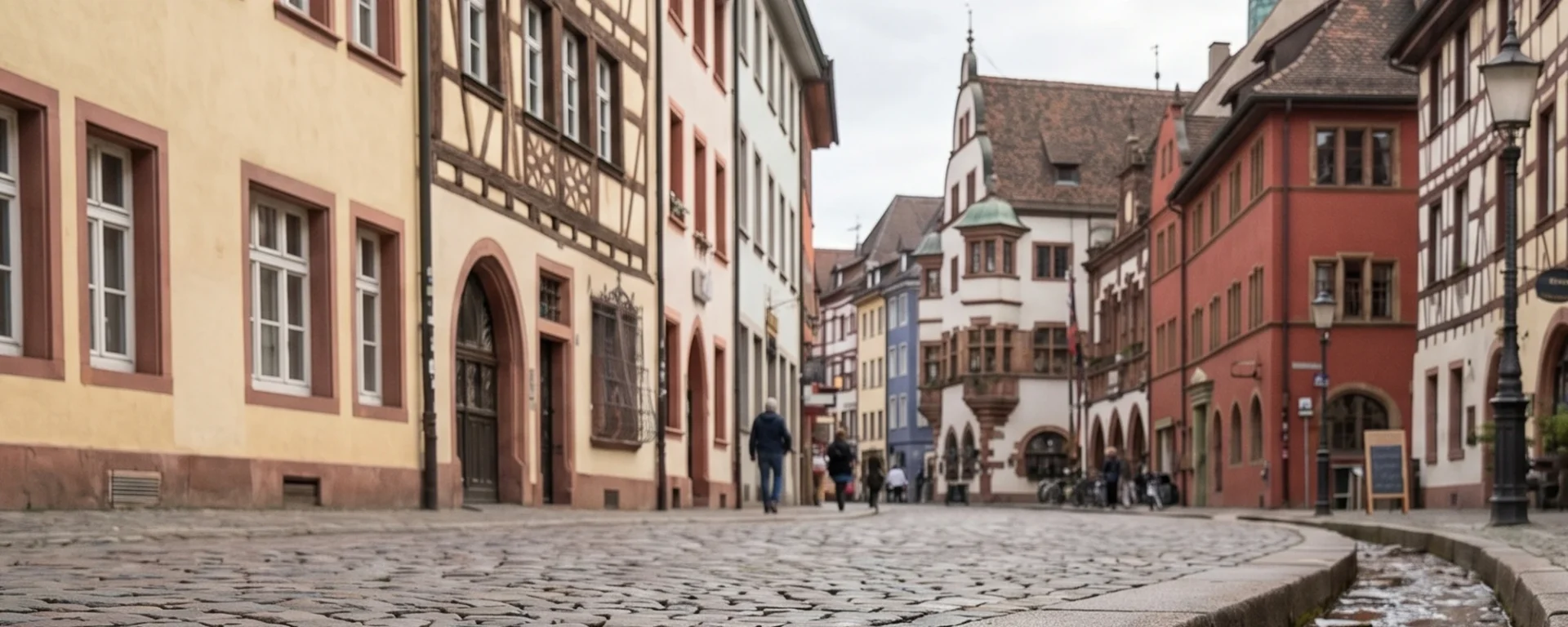 Historischer Stadtkern von Freiburg mit Fachwerkhäusern, Freiburger Bächle und Kopfsteinpflasterstraße, Menschen flanieren entlang der alten Architektur.