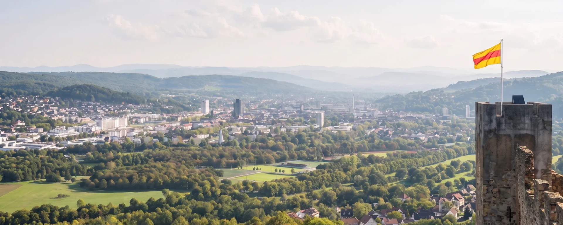 Panoramablick auf Lörrach mit grünen Hügeln, Stadtansicht und badischer Flagge auf dem Turm der Burg Rötteln bei klarem Himmel.