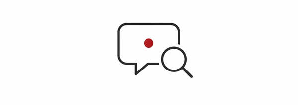 Sprechblase-Symbol mit Lupen-Icon, roter Punkt in der Mitte. Symbolisiert Generative Engine Optimization (GEO), eine Optimierung für LLMs wie ChatGPT.