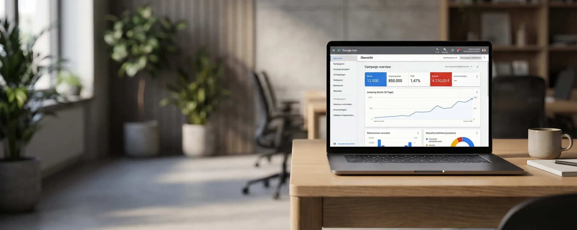 Laptop auf Schreibtisch zeigt Google Ads Dashboard mit Analysediagrammen, moderne Arbeitsumgebung im Hintergrund.