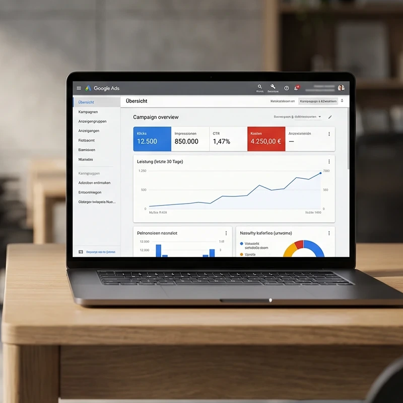 Laptop auf Schreibtisch zeigt Google Ads Dashboard mit Analysediagrammen, moderne Arbeitsumgebung im Hintergrund.