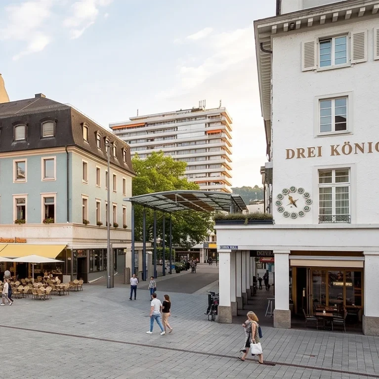 Marktplatz Lörrach mit historischen Gebäuden, Restaurant Drei König und weiteren Cafés und Menschen in der Innenstadt bei Tageslicht.