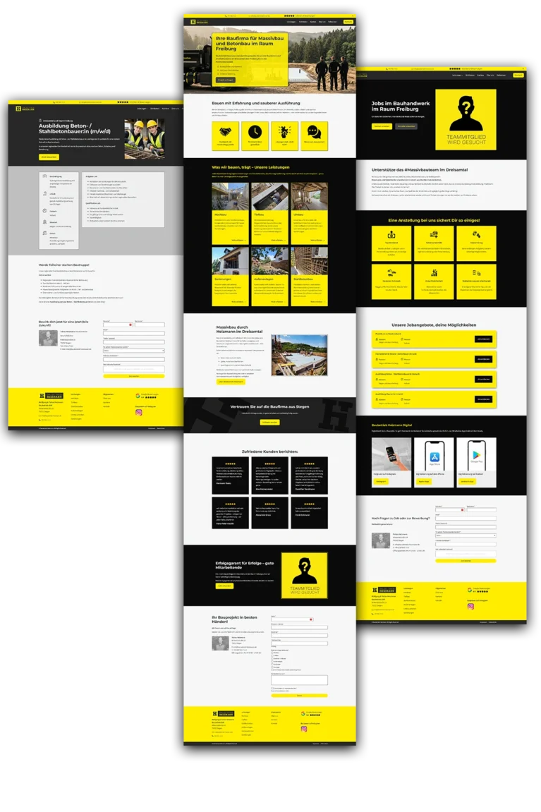 Website-Layout der Baufirma Stiggen mit Angebot, Kontaktformular und Stellenanzeige in Schwarz-Gelb.