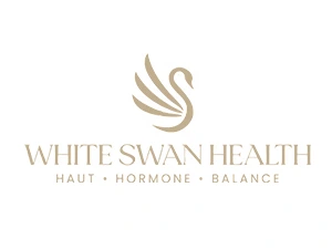 Logo von White Swan Health aus Endingen am Kaiserstuhl mit stilisiertem Schwan und den Schlagworten Haut, Hormon, Balance in elegantem Design.
