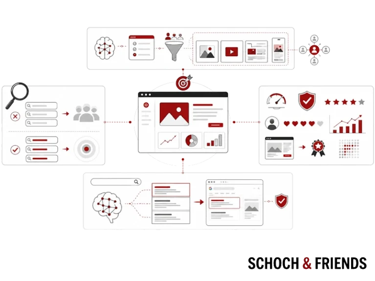 SEO-Prozessdiagramm mit zentraler Webseite, Keyword-Recherche, Content-Optimierung und Analyse zur Verbesserung der Online-Sichtbarkeit.