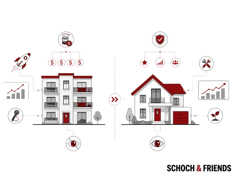 Zwei Gebäude im Vergleich mit Symbolen für Kosten, Sicherheit, Wachstum und Investition.