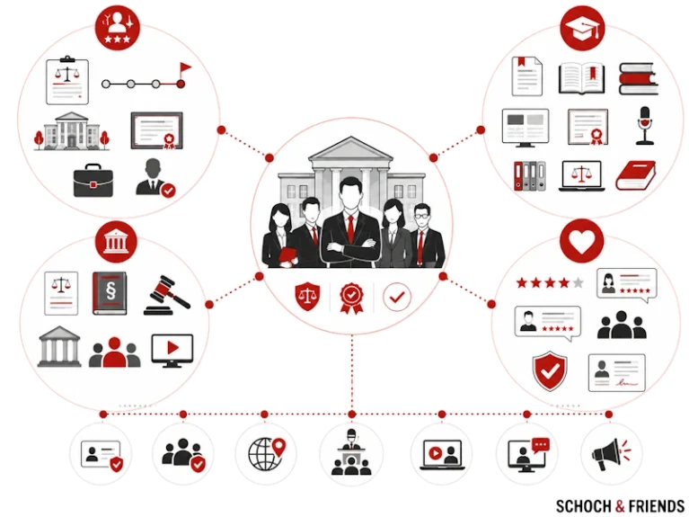 Illustration von Anwaltskanzlei mit Team, Justizsymbolen und Diagrammen, die rechtliche Dienstleistungen und Qualifikationen darstellen.