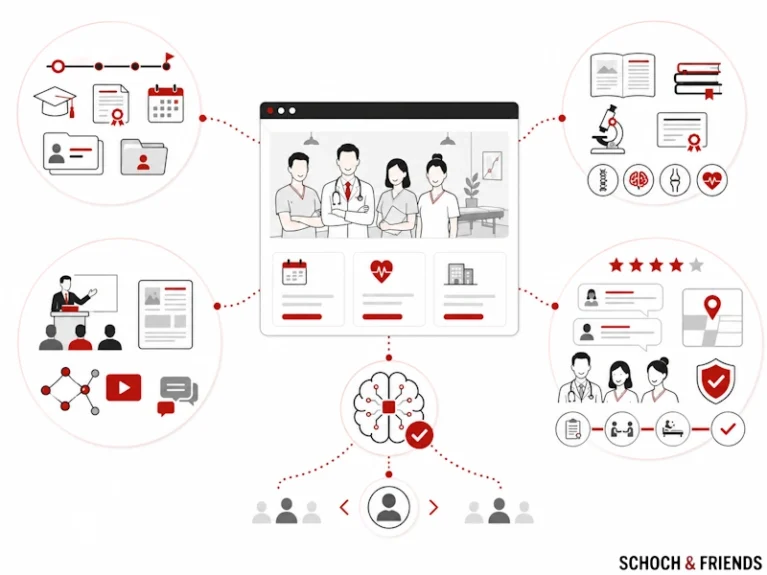 Illustration von medizinischem Netzwerk mit Ärzten, Schulungen, Forschung und Patientenbewertungen für verbesserte Gesundheitsversorgung.