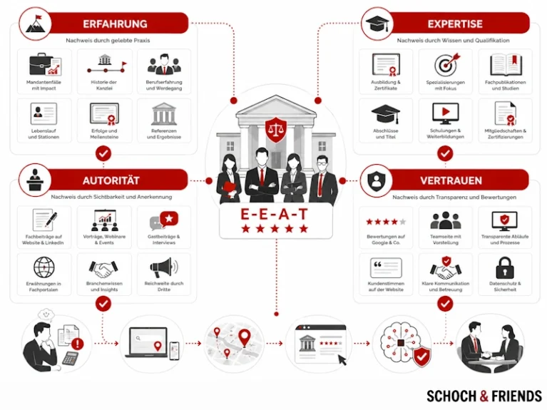E-E-A-T: Grafik zur visuellen Darstellung von Erfahrung, Expertise, Autorität und Vertrauen in der professionellen Praxis.