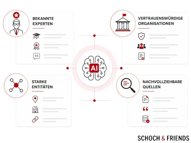 Diagramm zeigt die Verknüpfung von AI mit Experten, starken Entitäten, vertrauenswürdigen Organisationen und nachvollziehbaren Quellen.