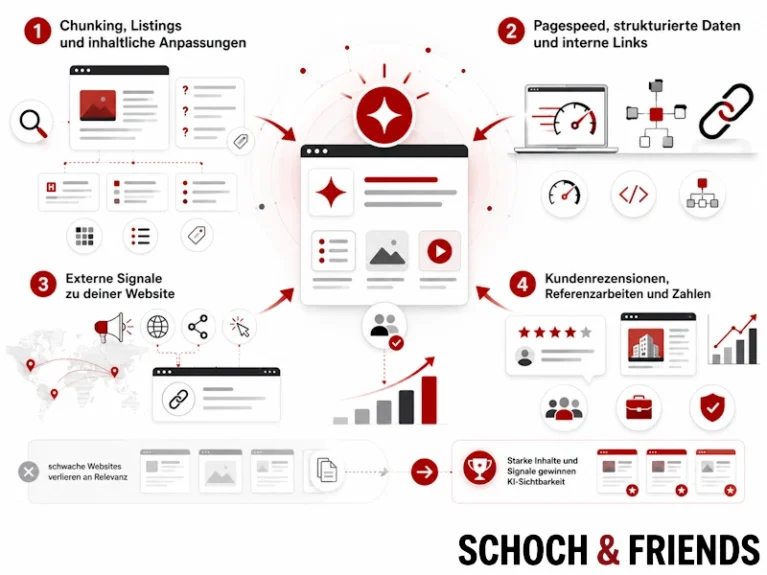 Infografik über SEO-Strategien: Inhaltliche Anpassungen, Pagespeed, externe Signale und Kundenbewertungen für bessere Website-Sichtbarkeit.