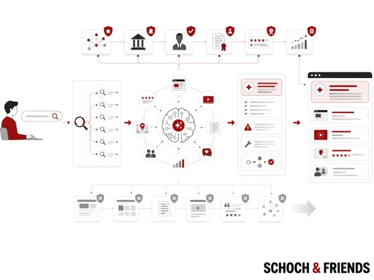 Benutzer sucht online mit vielen Ergebnissen und Bewertungen, SEO-Strategie, Ranking-Optimierung und Benutzerinteraktionen dargestellt.