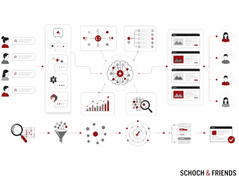 SEO-Prozessflussdiagramm mit Nutzerdatenanalyse, Content-Optimierung, und Performance-Messung für eine effektive Suchmaschinenstrategie.